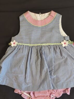 Florence Eiseman Blue and Pink Striped One Piece with Detailed Floral Trim